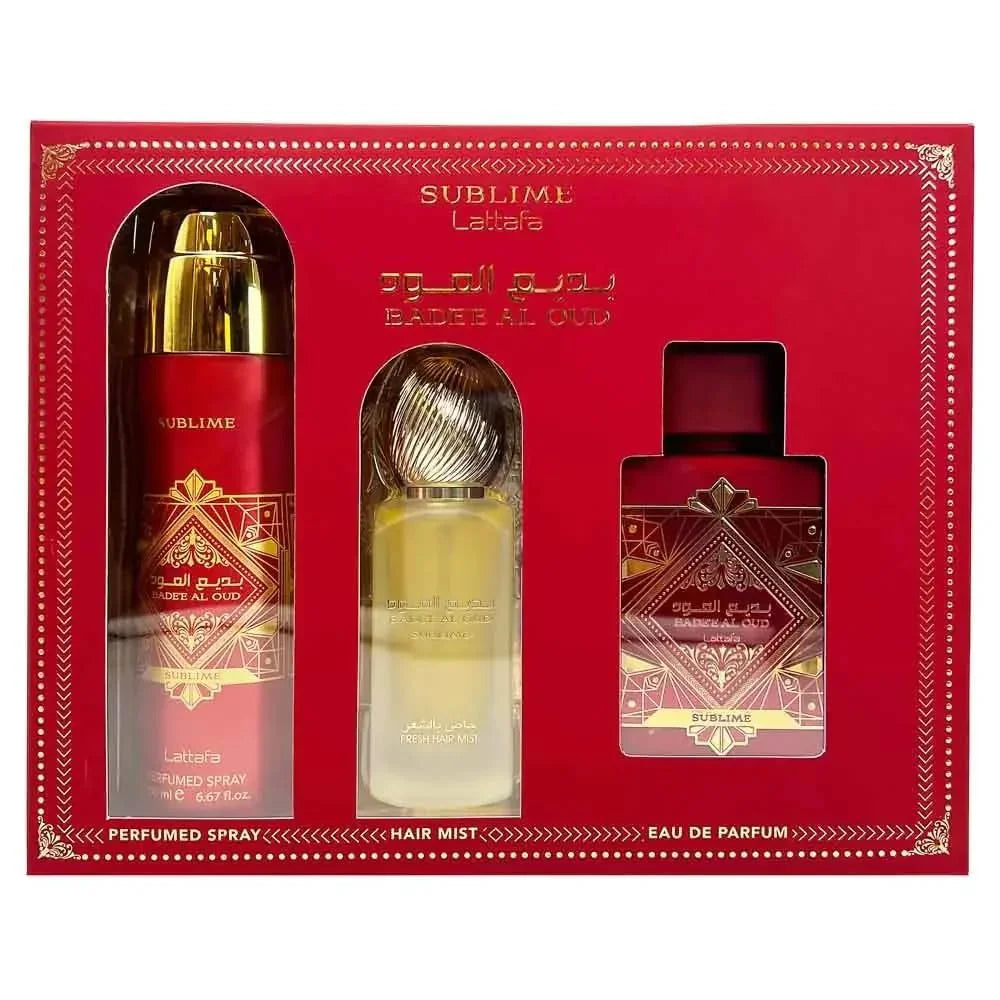 Lattafa Badee Al Oud Sublime for Unisex 3 Piece Set (3.4 Oz Eau de Parfum Spray + 1.7 Oz Hair Mist + 6.7 Oz Deodorant Spray)