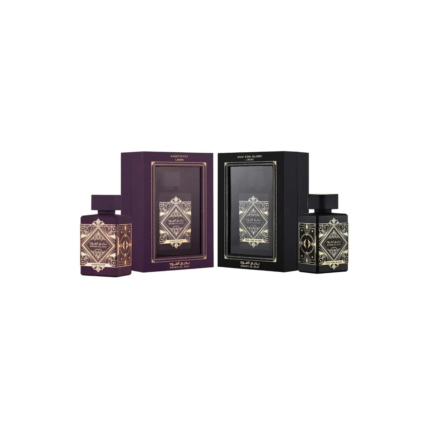 Lattafa Bade'e Al Oud 2-Piece Set for Unisex, (3.4 Oz Amethyst Eau De Parfum Spray + 3.4 Oz Oud for Glory Eau De Parfum Spray)