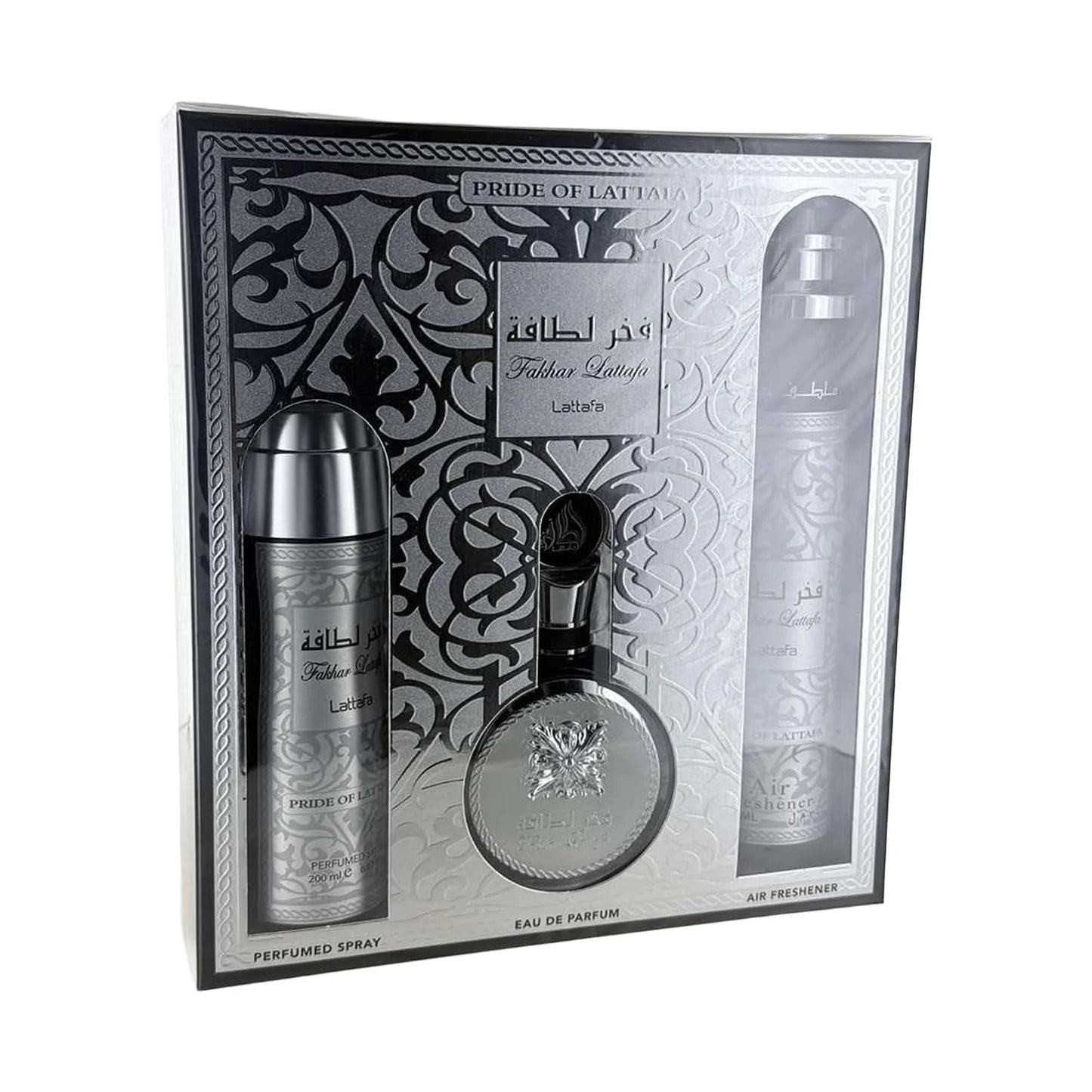 Lattafa Fakhar Collection – Fresh, Woody, Amber, Musky – 3 Piece Gift Set for Men (3.4 Oz Eau de Parfum + 6.67 Oz Deodorant + 10.1 Oz Air Freshener)