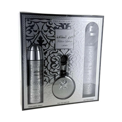 Lattafa Fakhar Collection – Fresh, Woody, Amber, Musky – 3 Piece Gift Set for Men (3.4 Oz Eau de Parfum + 6.67 Oz Deodorant + 10.1 Oz Air Freshener)
