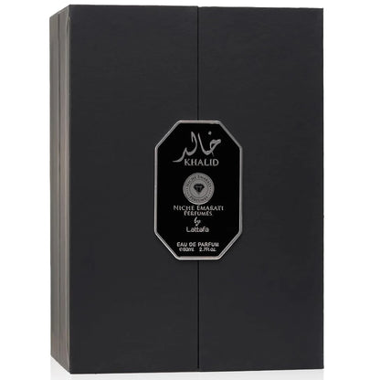Lattafa Niche Emarati Khalid – Leathery, Smoky, Resinous, Woody – Eau de Parfum for Everyone, 2.7 Ounce / 80 ml