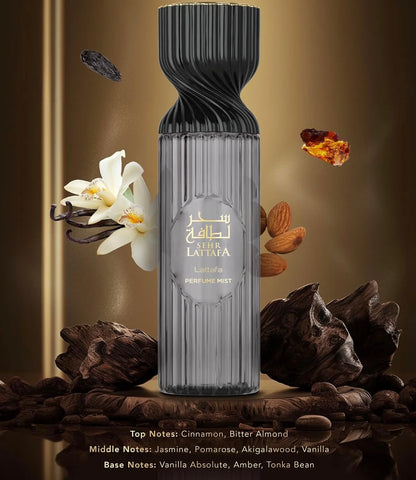 Lattafa Sehr Perfume Mist 250ml – Warm Spicy Body Spray with Cinnamon, Bitter Almond, Jasmine, Akigalawood, Vanilla Absolute & Amber Notes