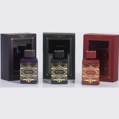 Lattafa Perfumes Bade'e Al Oud for Unisex 3 Piece Eau de Parfum Gift Set (Oud For Glory + Amethyst + Sublime) 3.4 Ounce/100 ml each