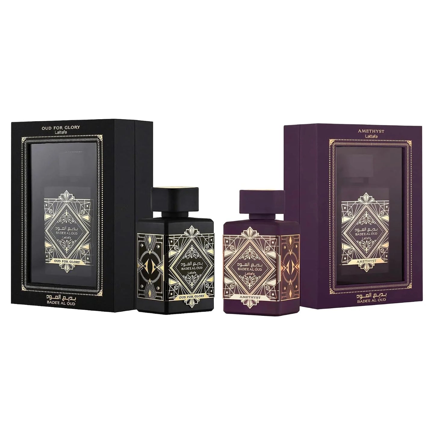 Lattafa Bade'e Al Oud 2-Piece Set for Unisex, (3.4 Oz Amethyst Eau De Parfum Spray + 3.4 Oz Oud for Glory Eau De Parfum Spray)
