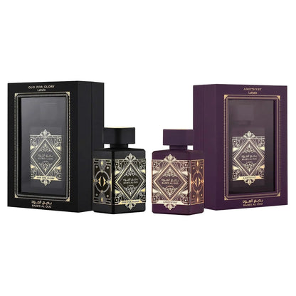 Lattafa Bade'e Al Oud 2-Piece Set for Unisex, (3.4 Oz Amethyst Eau De Parfum Spray + 3.4 Oz Oud for Glory Eau De Parfum Spray)