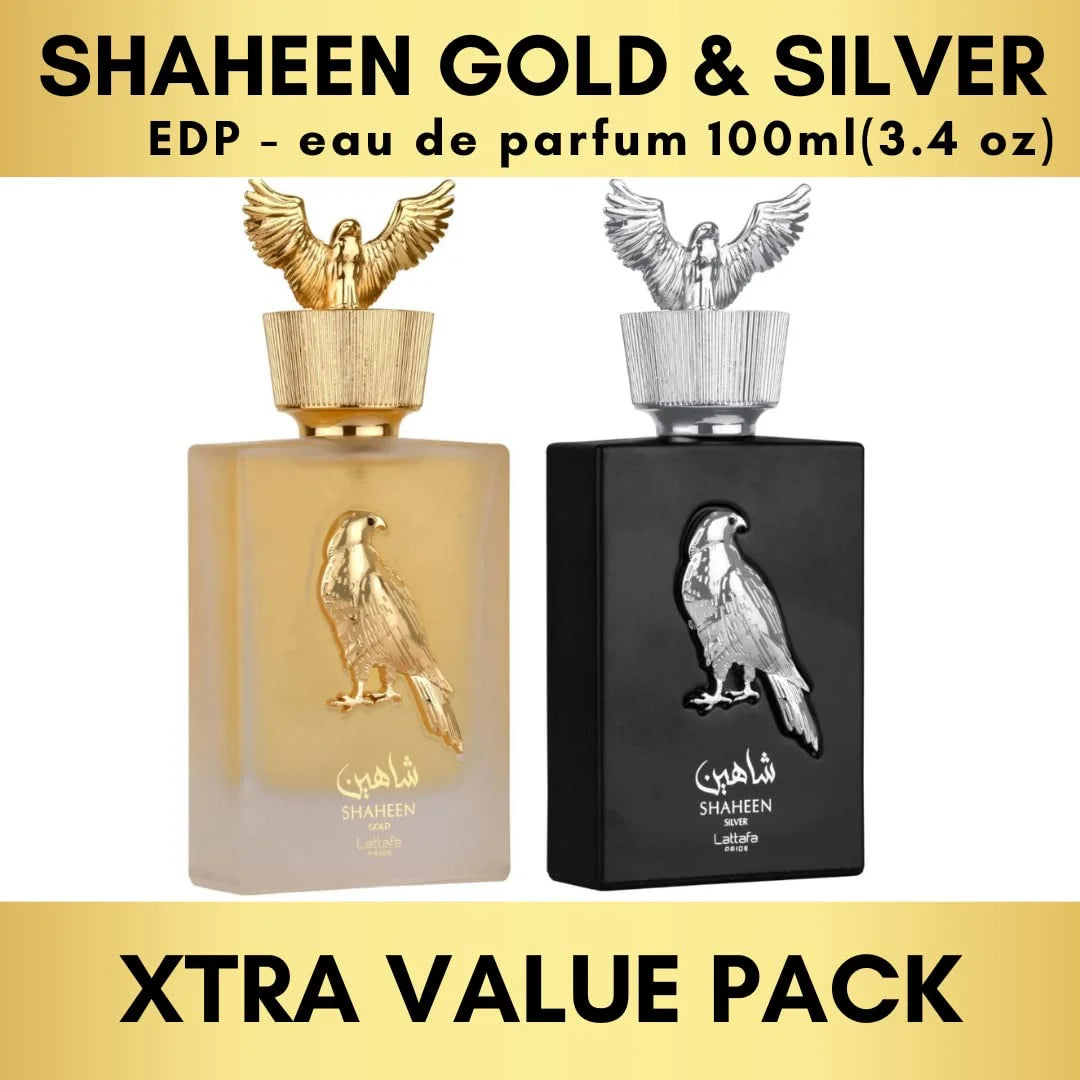 Lattafa Perfumes Pride Shaheen for Unisex 2 Piece Eau de Parfum Gift Set (Gold + Silver) 3.4 Ounce/100 ml each