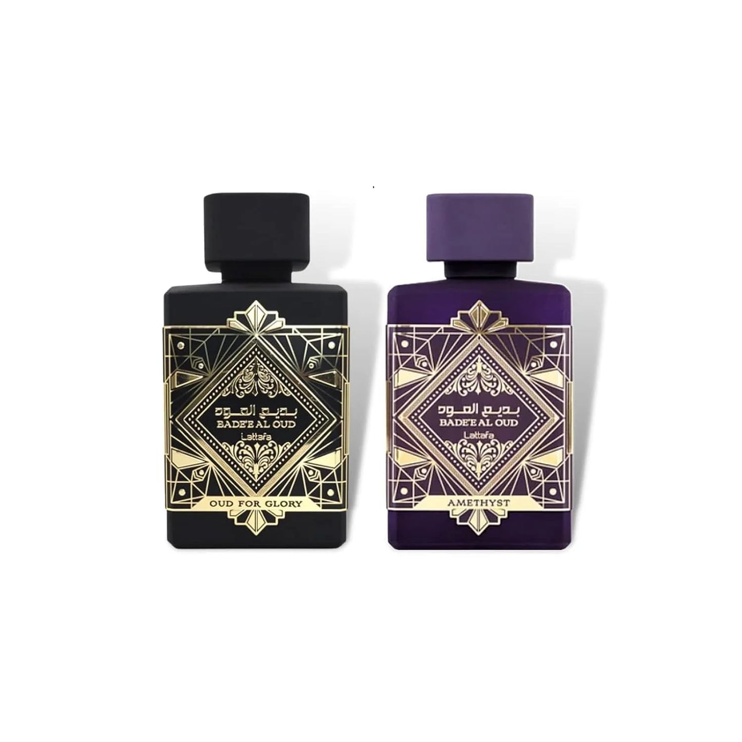 Lattafa Bade'e Al Oud 2-Piece Set for Unisex, (3.4 Oz Amethyst Eau De Parfum Spray + 3.4 Oz Oud for Glory Eau De Parfum Spray)