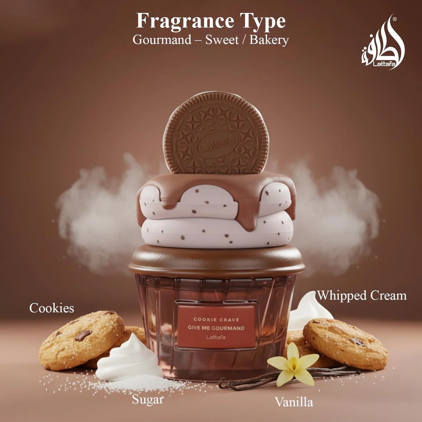 Lattafa Cookie Crave Eau de Parfum, Give me Gourmand Collection, 75ml Spray, Sweet Vanilla Cookie Scent, Cocoa Butter and Sugar Notes