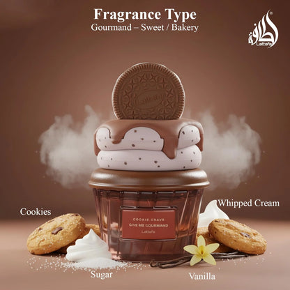 Lattafa Cookie Crave Eau de Parfum, Give me Gourmand Collection, 75ml Spray, Sweet Vanilla Cookie Scent, Cocoa Butter and Sugar Notes