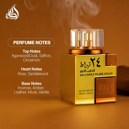 Lattafa 24 Carat Pure Gold Eau De Parfum Spray for Unisex 3.4 Ounce