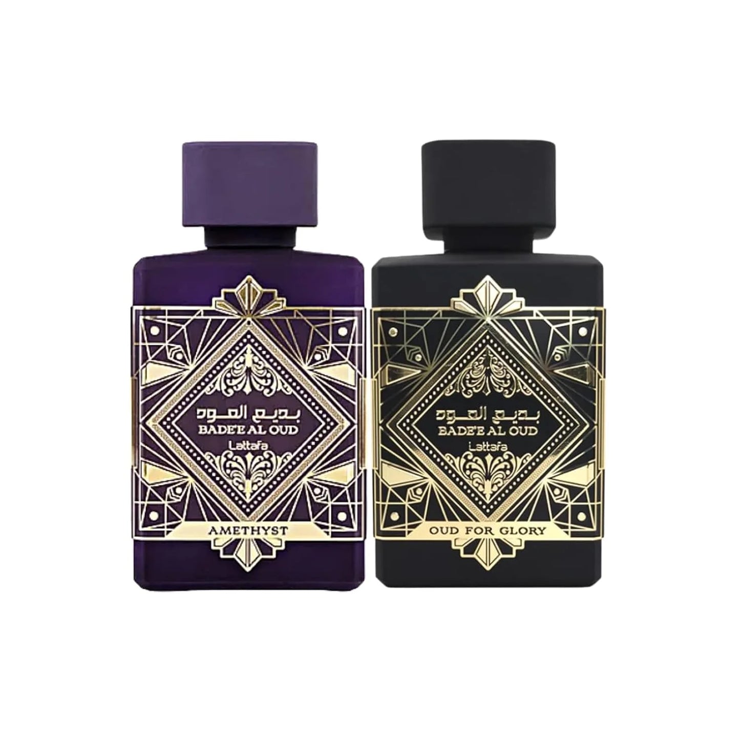 Lattafa Bade'e Al Oud 2-Piece Set for Unisex, (3.4 Oz Amethyst Eau De Parfum Spray + 3.4 Oz Oud for Glory Eau De Parfum Spray)