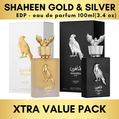Lattafa Perfumes Pride Shaheen for Unisex 2 Piece Eau de Parfum Gift Set (Gold + Silver) 3.4 Ounce/100 ml each