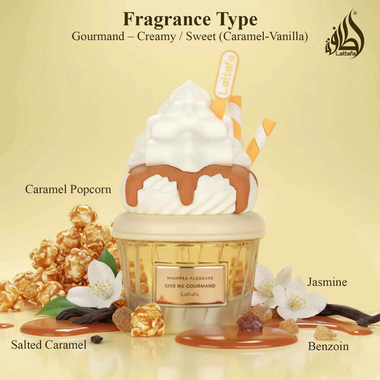 Lattafa Whipped Pleasure Eau de Parfum, Give Me Gourmand Collection, Spray Form, 75ml, Whipped Cream, Caramel & Vanilla Scent, Long-lasting