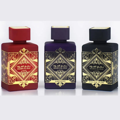 Lattafa Perfumes Bade'e Al Oud for Unisex 3 Piece Eau de Parfum Gift Set (Oud For Glory + Amethyst + Sublime) 3.4 Ounce/100 ml each