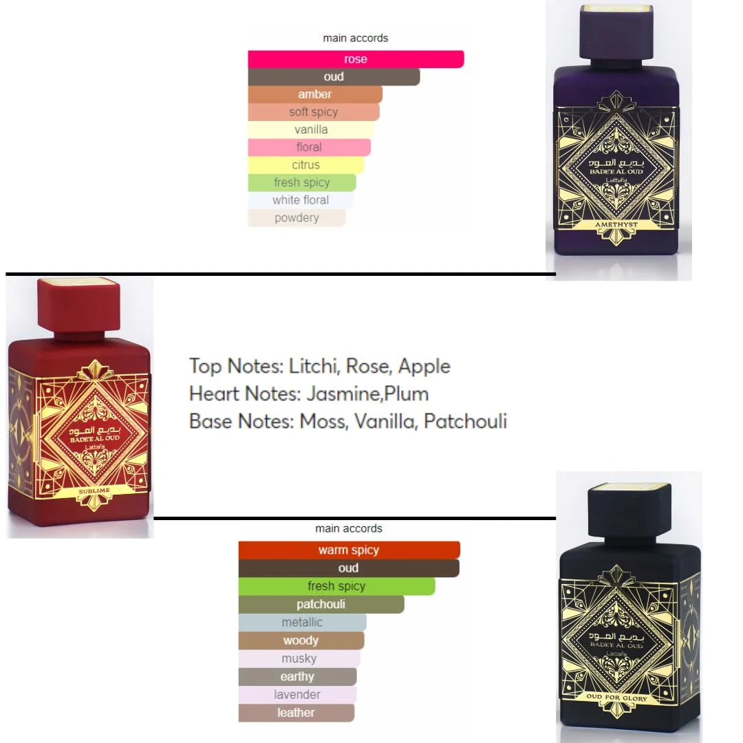 Lattafa Perfumes Bade'e Al Oud for Unisex 3 Piece Eau de Parfum Gift Set (Oud For Glory + Amethyst + Sublime) 3.4 Ounce/100 ml each