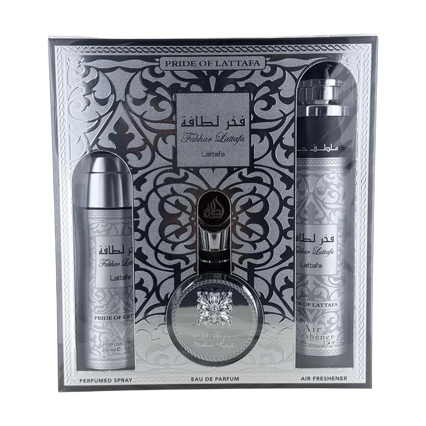 Lattafa Fakhar Collection – Fresh, Woody, Amber, Musky – 3 Piece Gift Set for Men (3.4 Oz Eau de Parfum + 6.67 Oz Deodorant + 10.1 Oz Air Freshener)