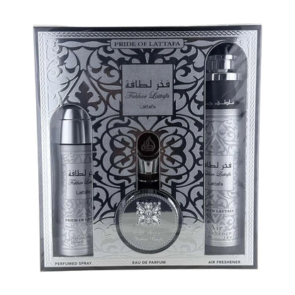 Lattafa Fakhar Collection – Fresh, Woody, Amber, Musky – 3 Piece Gift Set for Men (3.4 Oz Eau de Parfum + 6.67 Oz Deodorant + 10.1 Oz Air Freshener)