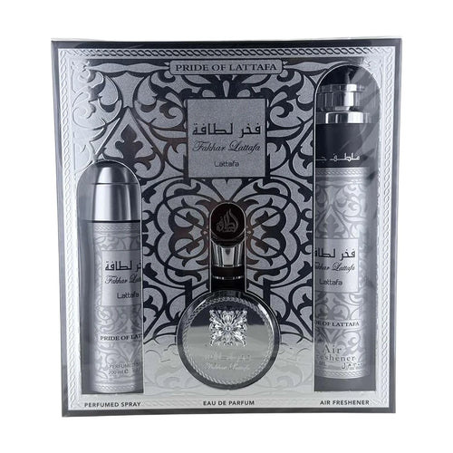 Lattafa Fakhar Collection – Fresh, Woody, Amber, Musky – 3 Piece Gift Set for Men (3.4 Oz Eau de Parfum + 6.67 Oz Deodorant + 10.1 Oz Air Freshener)