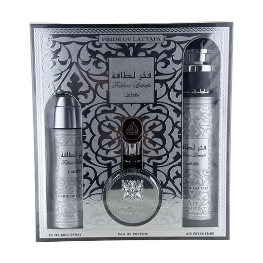 Lattafa Fakhar Collection – Fresh, Woody, Amber, Musky – 3 Piece Gift Set for Men (3.4 Oz Eau de Parfum + 6.67 Oz Deodorant + 10.1 Oz Air Freshener)