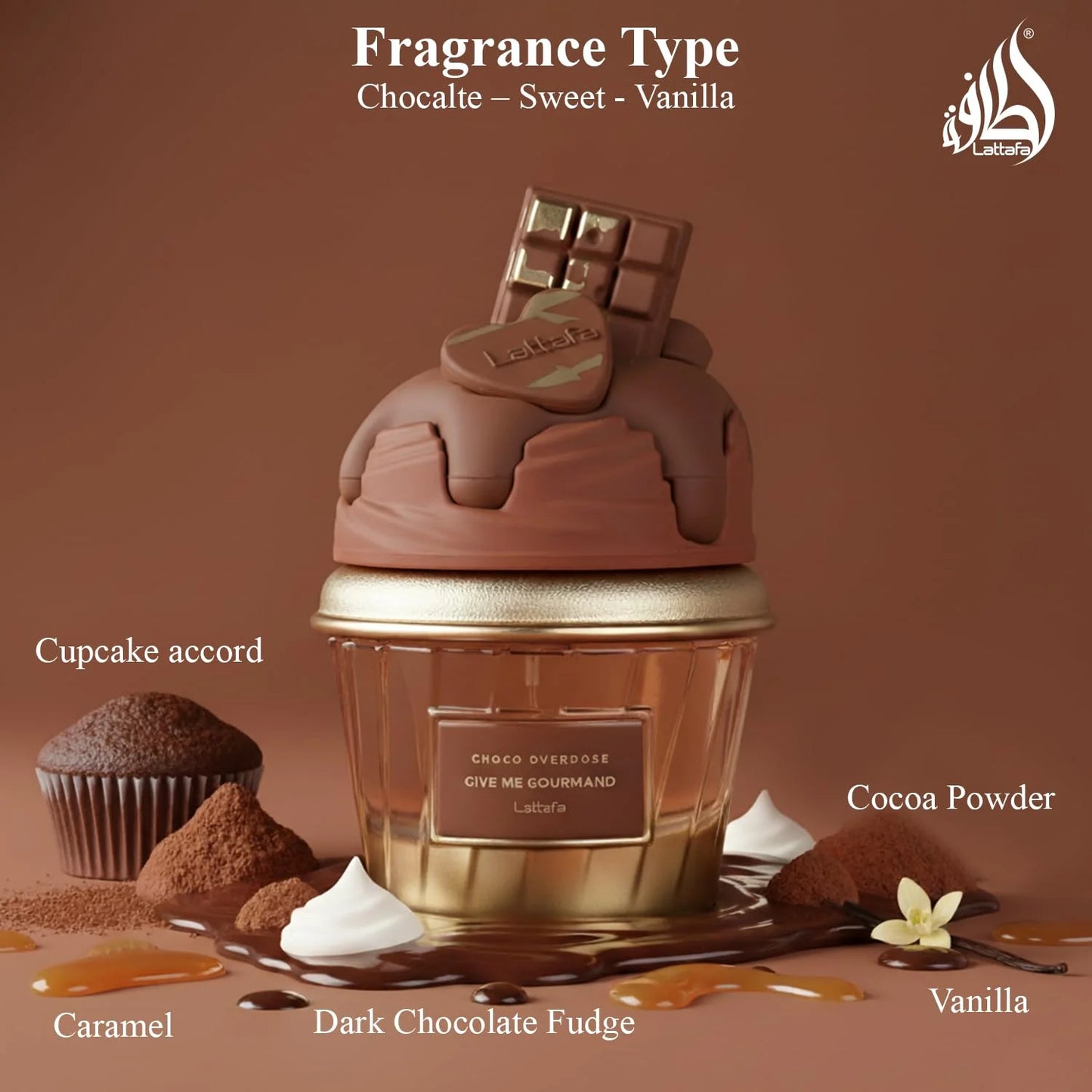 Lattafa Choco Overdose Eau de Parfum, Gourmand Collection, Dark Chocolate Fudge and Caramel Fragrance, 75ml Spray, Sweet and Elegant Give Me Gourmand Collection