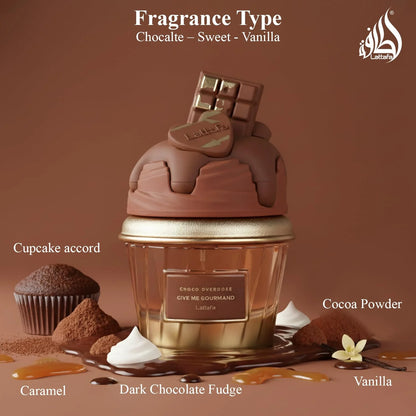 Lattafa Choco Overdose Eau de Parfum, Gourmand Collection, Dark Chocolate Fudge and Caramel Fragrance, 75ml Spray, Sweet and Elegant Give Me Gourmand Collection