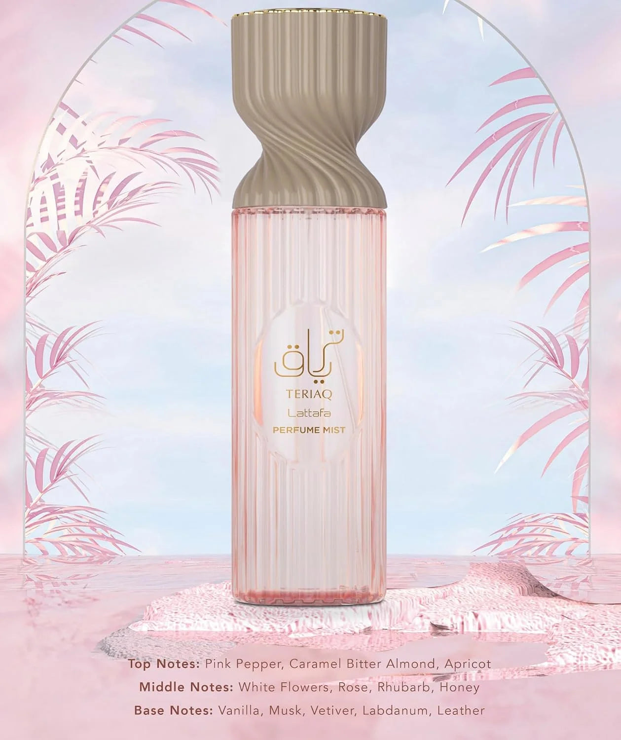 Lattafa Teriaq Perfume Mist 250ml – Spicy-Sweet Body Spray with Pink Pepper, Caramel, Bitter Almond, Rose, Rhubarb, Vanilla, Musk, Vetiver, Labdanum & Leather